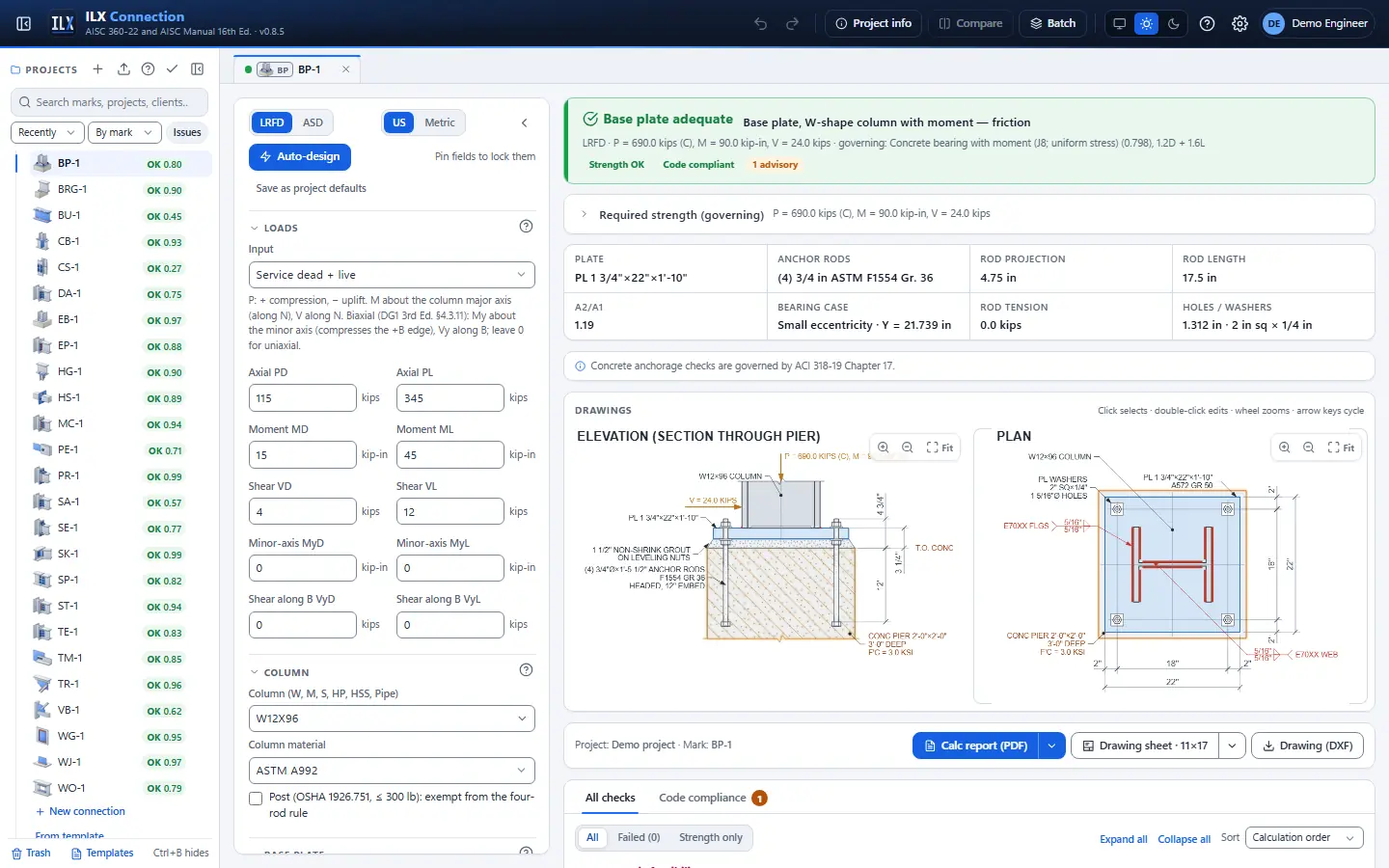 ILX Connection editor for a column base plate connection (BP-1): inputs, design status, live checks and the connection drawing