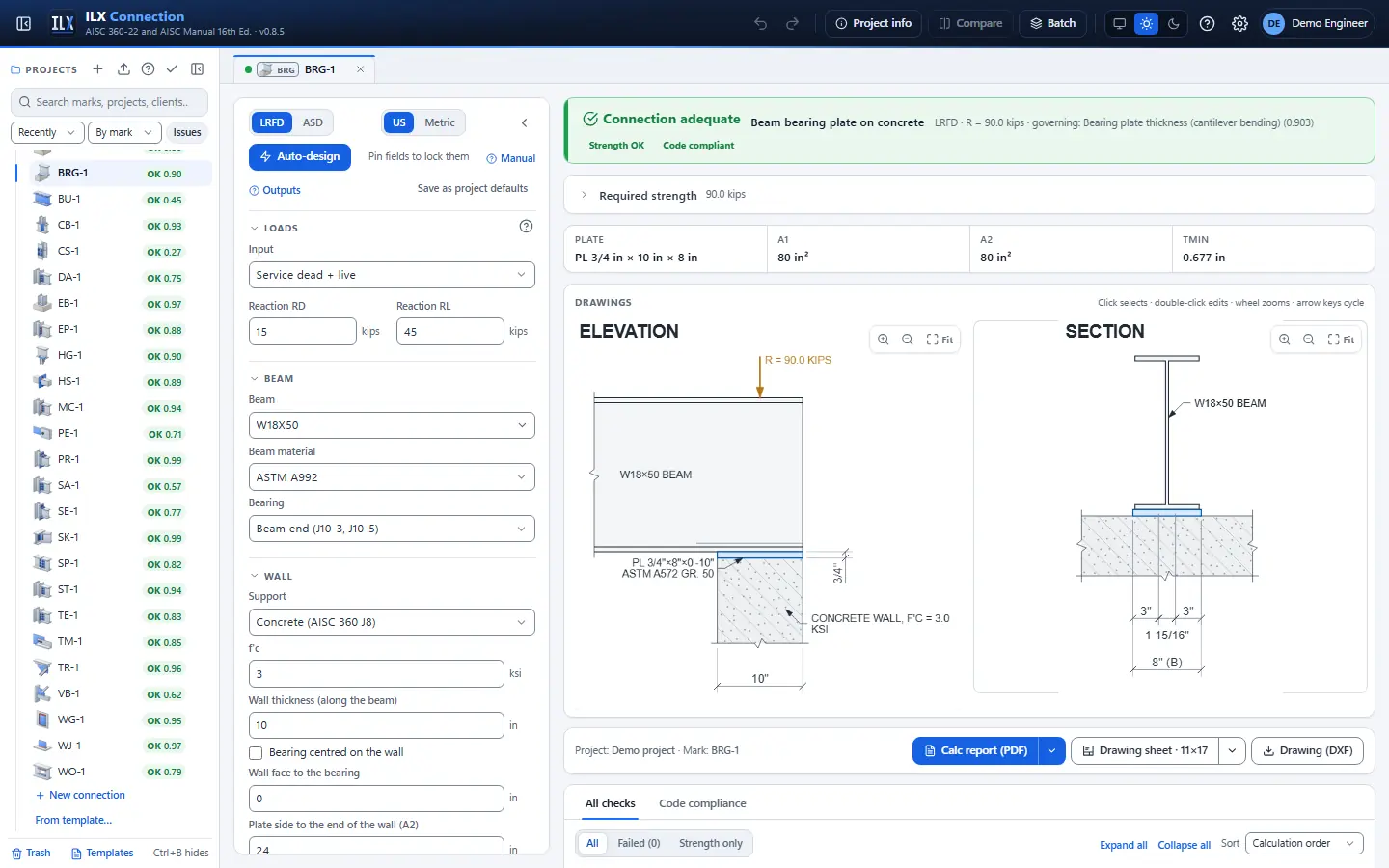 ILX Connection editor for a beam bearing plate connection (BRG-1): inputs, design status, live checks and the connection drawing