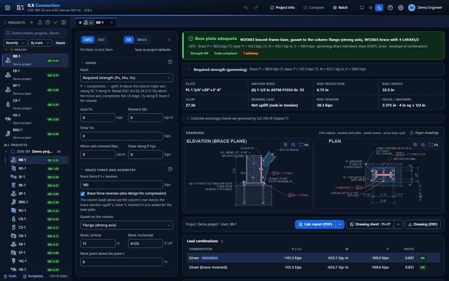 ILX Connection editor for a braced-frame column base connection (BB-1): inputs, design status, live checks and the connection drawing, dark theme