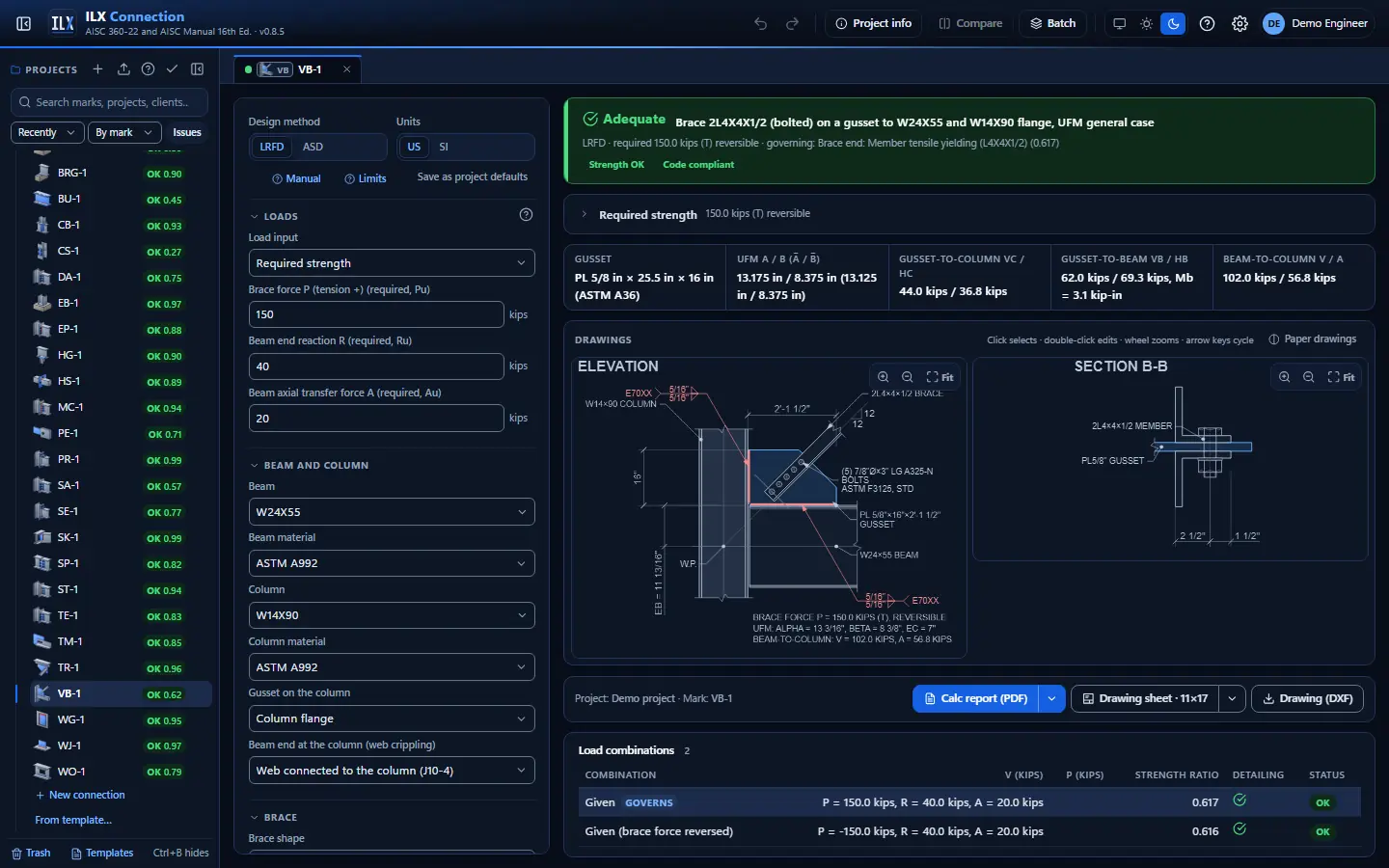 ILX Connection editor for a vertical bracing gusset (ufm) connection (VB-1): inputs, design status, live checks and the connection drawing, dark theme