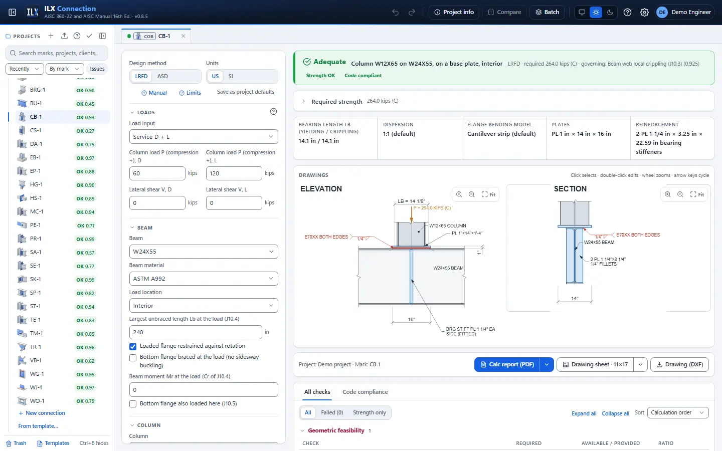 ILX Connection editor for a column bearing on beam connection (CB-1): inputs, design status, live checks and the connection drawing