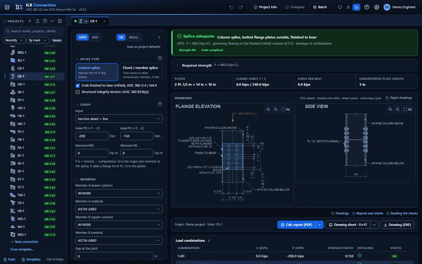 ILX Connection editor for a wide-flange compression splice connection (CS-1): inputs, design status, live checks and the connection drawing, dark theme