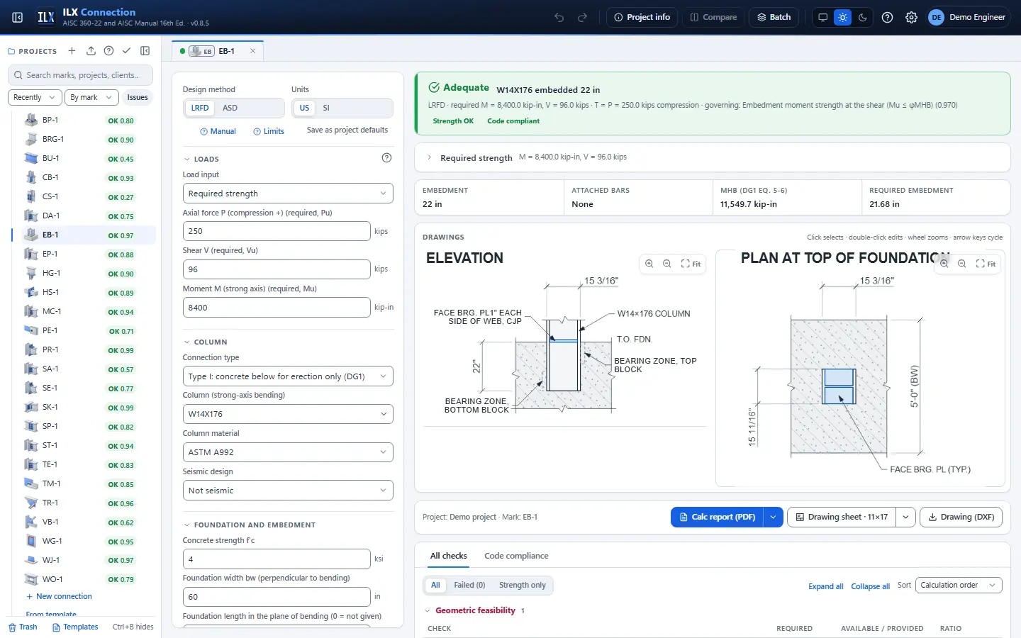 ILX Connection editor for a embedded column base connection (EB-1): inputs, design status, live checks and the connection drawing