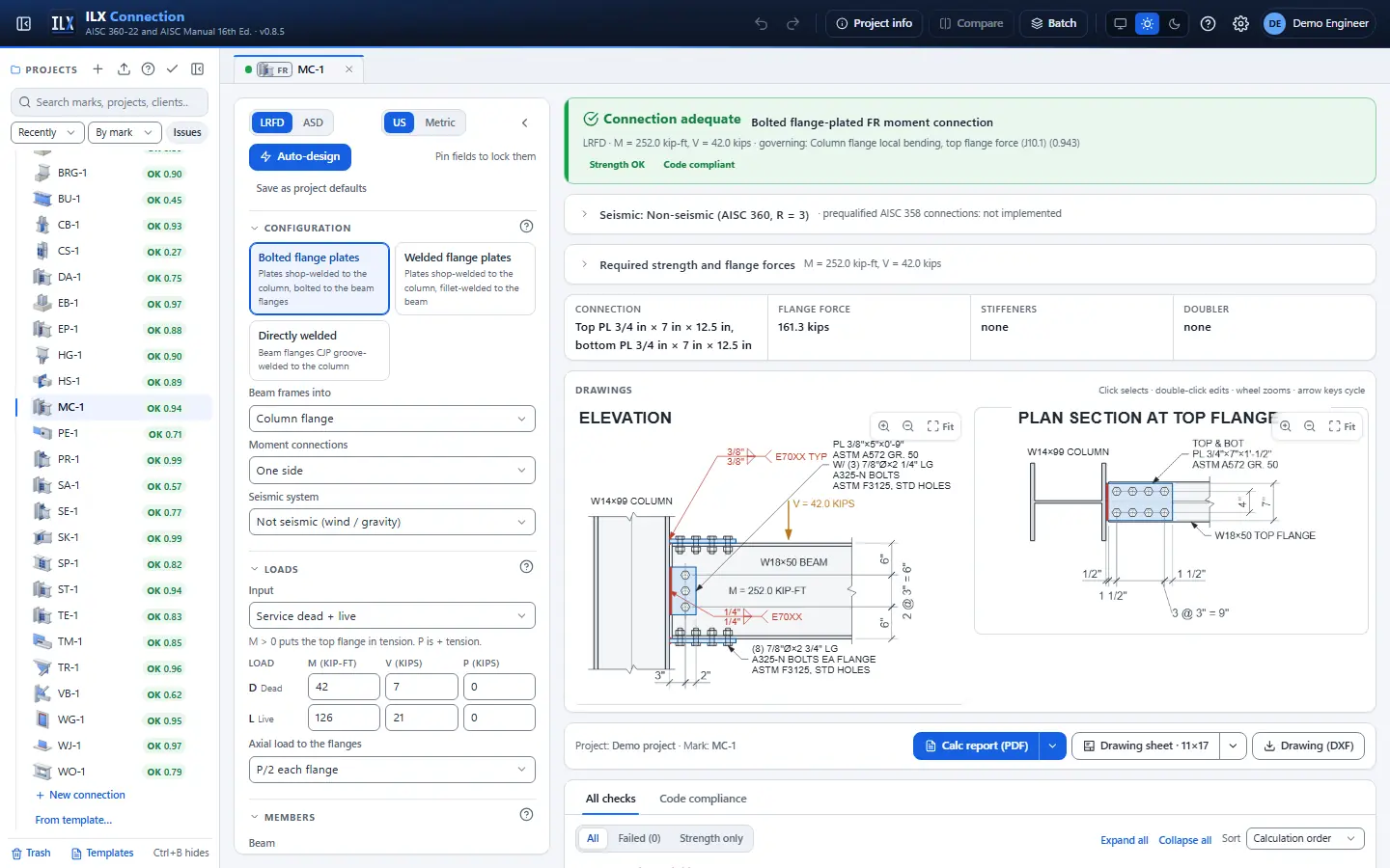 ILX Connection editor for a fr moment connection connection (MC-1): inputs, design status, live checks and the connection drawing
