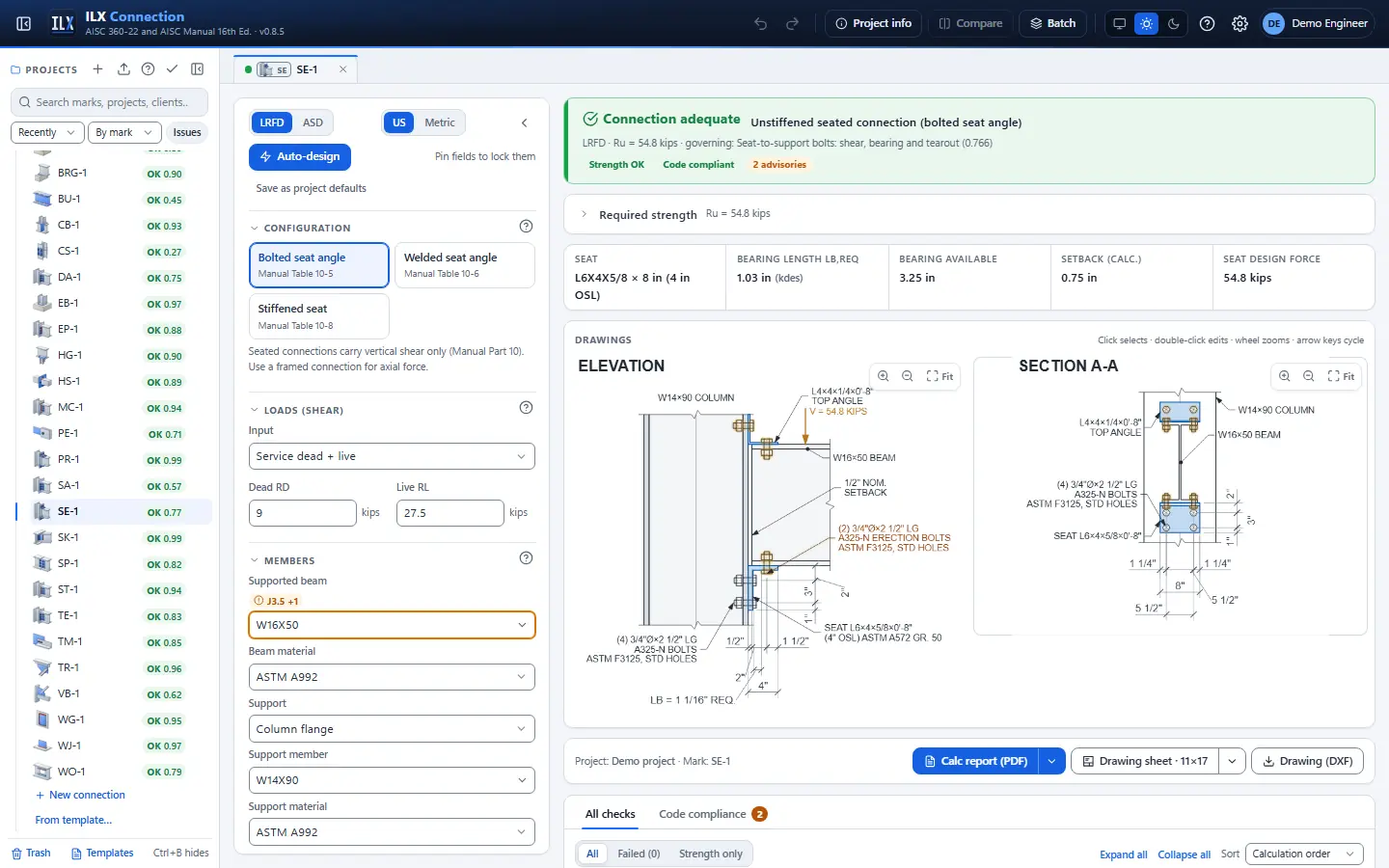 ILX Connection editor for a seated beam connection connection (SE-1): inputs, design status, live checks and the connection drawing