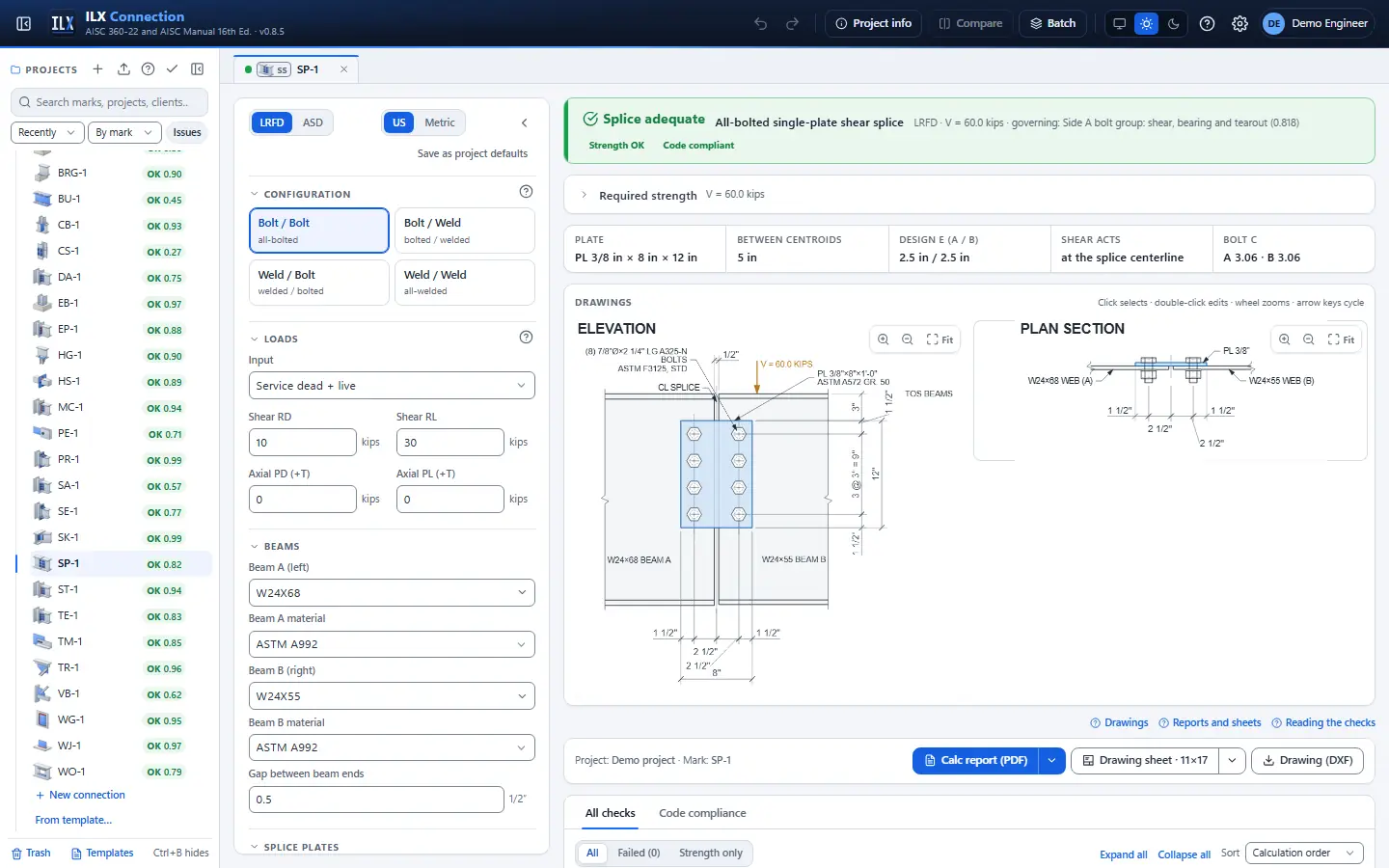 ILX Connection editor for a beam shear splice connection (SP-1): inputs, design status, live checks and the connection drawing
