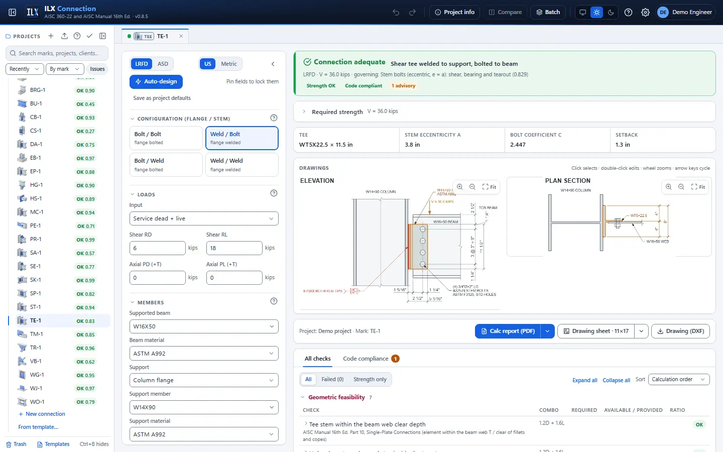 ILX Connection editor for a shear tee connection connection (TE-1): inputs, design status, live checks and the connection drawing