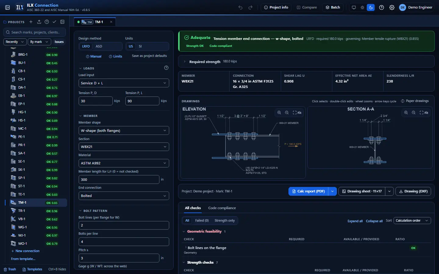 ILX Connection editor for a tension member end connection connection (TM-1): inputs, design status, live checks and the connection drawing, dark theme